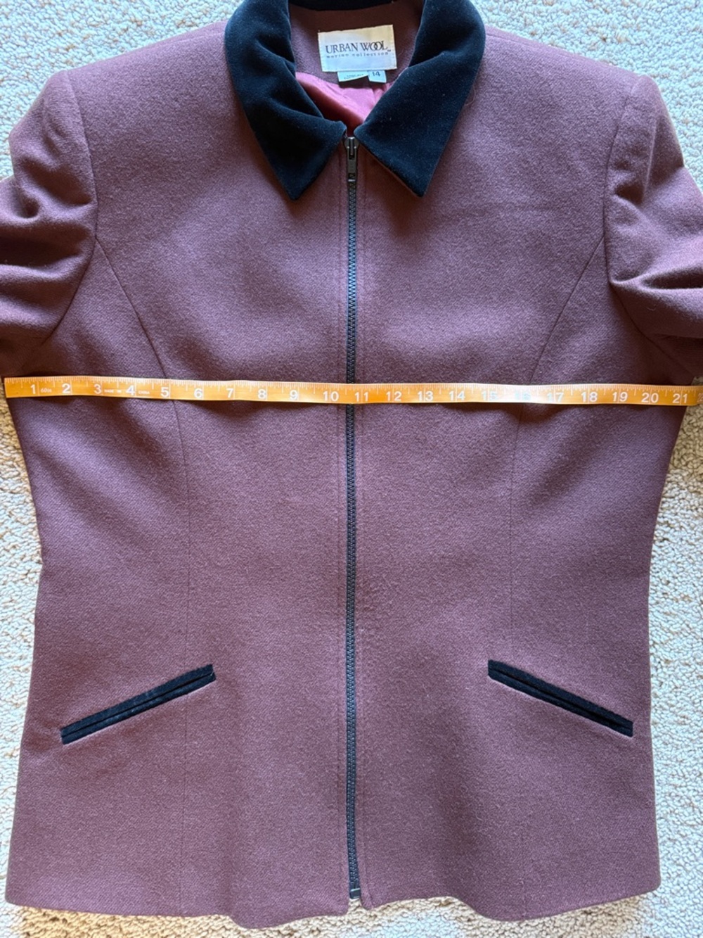 Urban Wool Merino Collection Brown Zip-Front Pea Coat with Black Velvet Collar